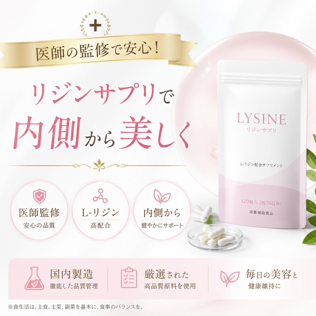 「医師の監修で安心！リジンサプリで内側から美しく」