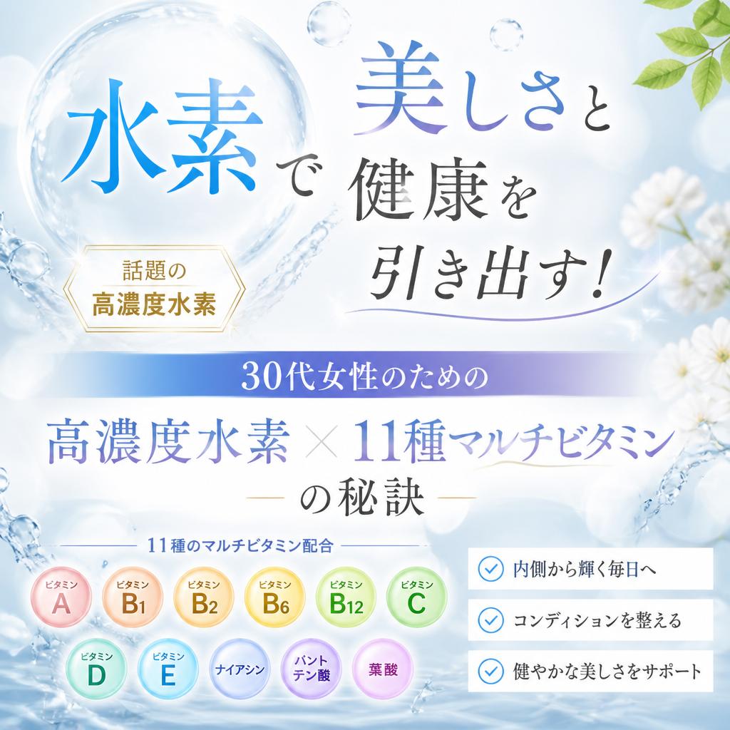水素で美しさと健康を引き出す！」「30代女性のための高濃度水素×11種マルチビタミンの秘訣
