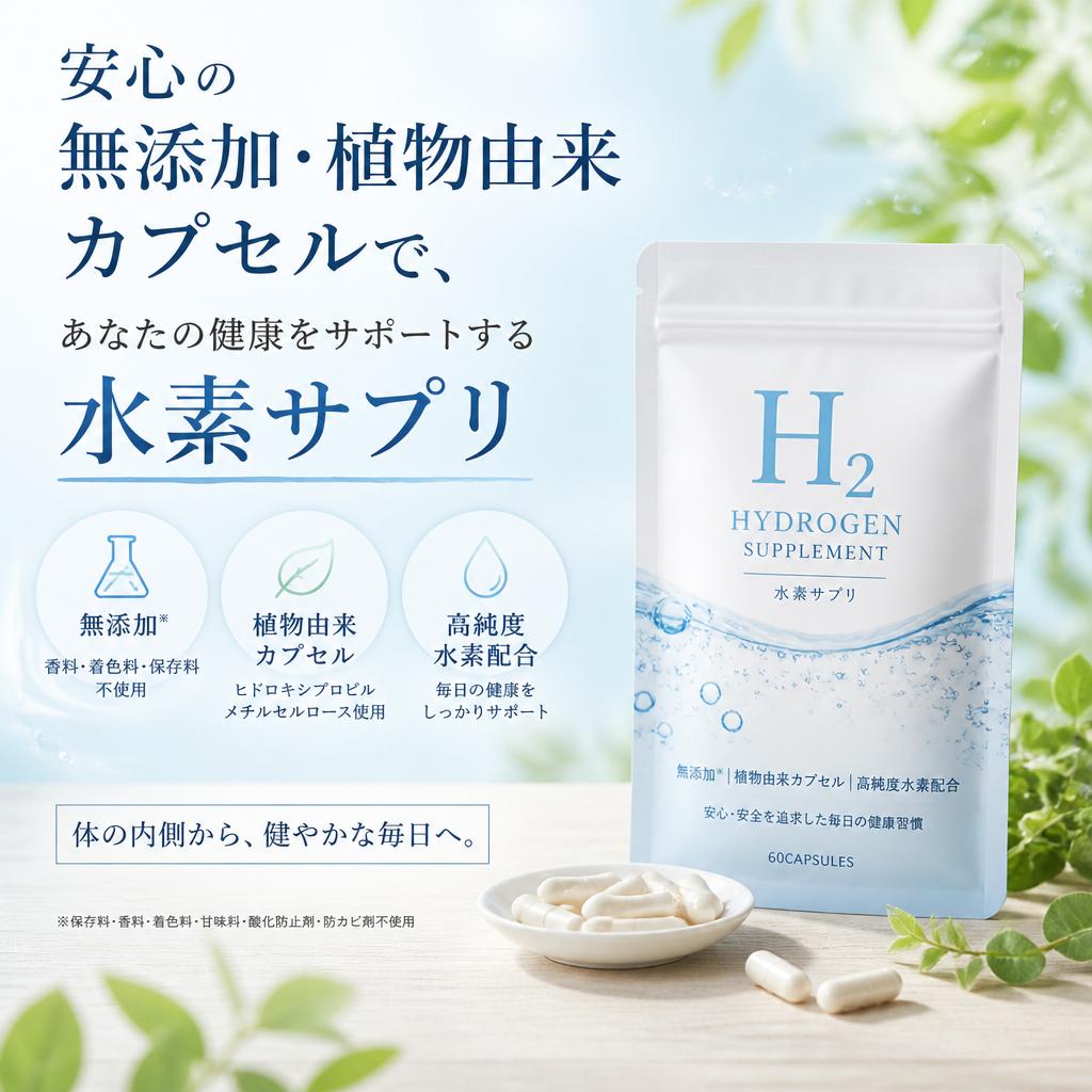 安心の無添加・植物由来カプセルで、あなたの健康をサポートする水素サプリ