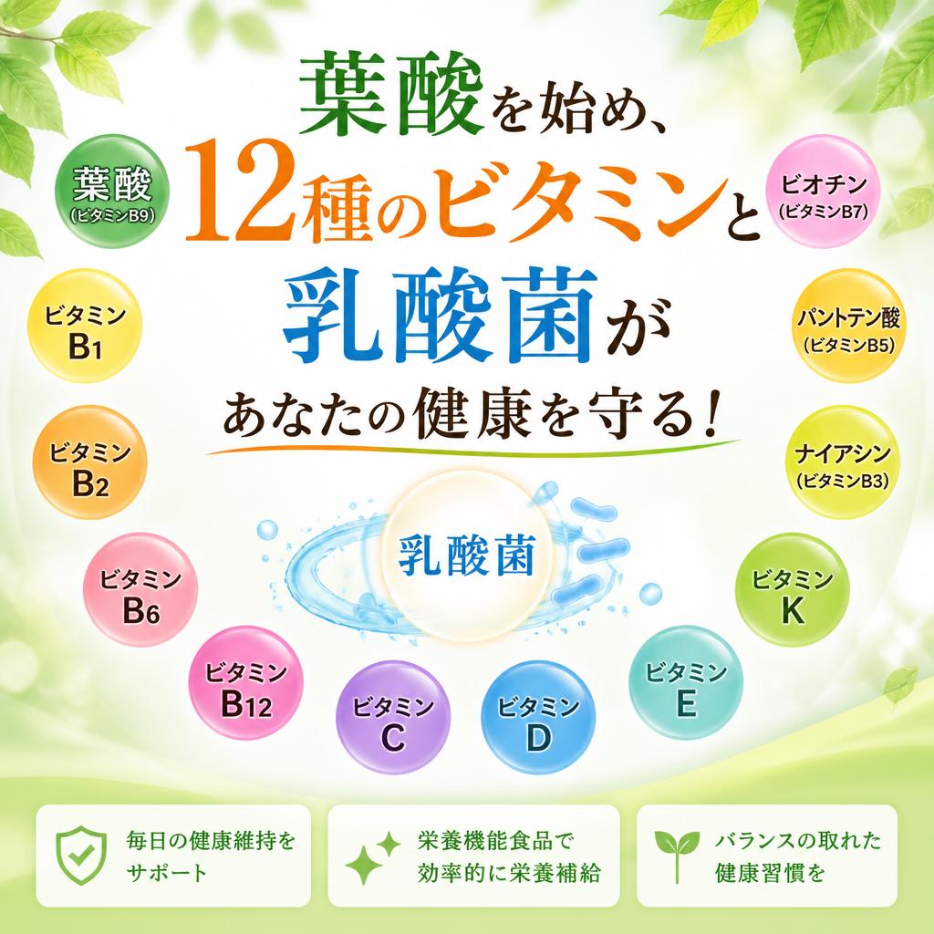 葉酸を始め、12種のビタミンと乳酸菌があなたの健康を守る！