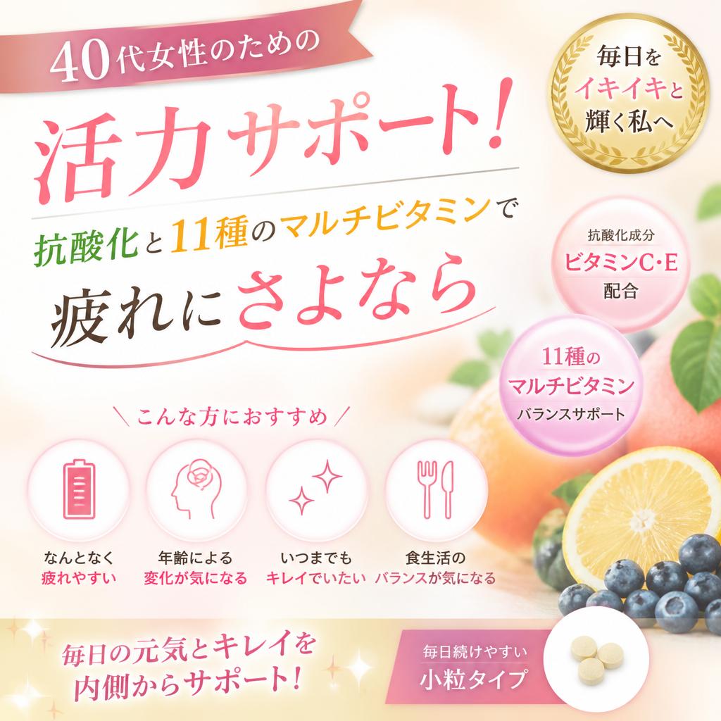 40代女性のための活力サポート！抗酸化と11種のマルチビタミンで疲れにさよなら