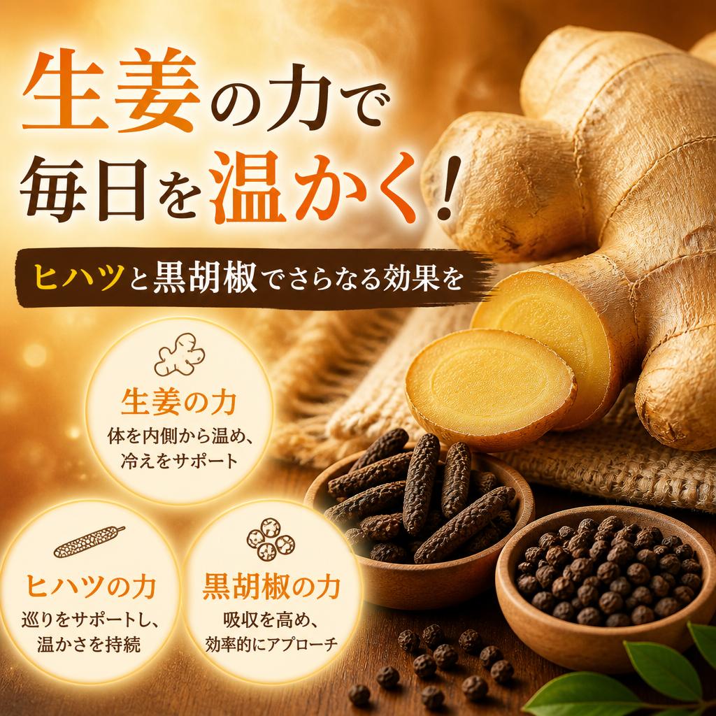 生姜の力で毎日を温かく！ヒハツと黒胡椒でさらなる効果を