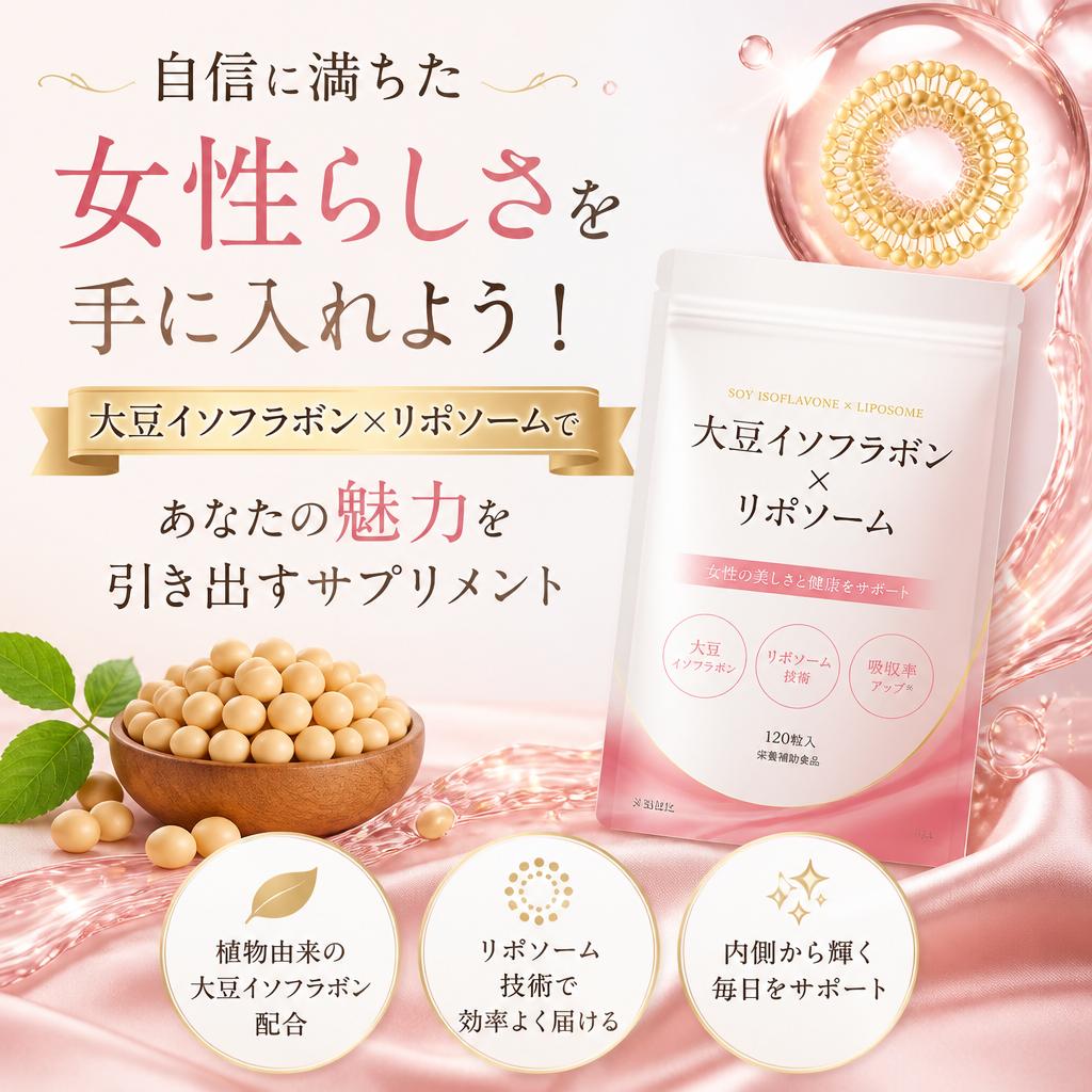 自信に満ちた女性らしさを手に入れよう！
大豆イソフラボン×リポソームであなたの魅力を引き出すサプリメント