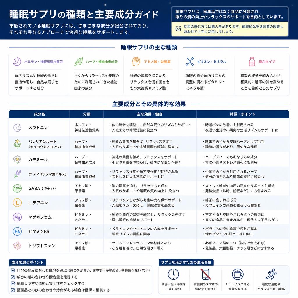 睡眠サプリの種類と効果
